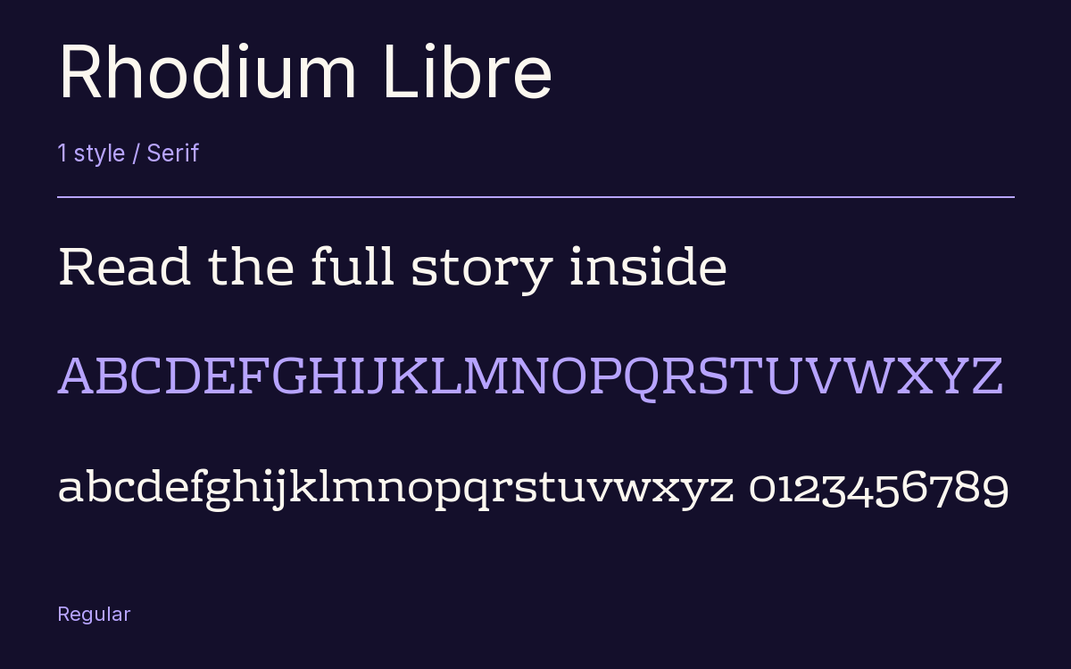 Rhodium Libre type specimen with letters and figures