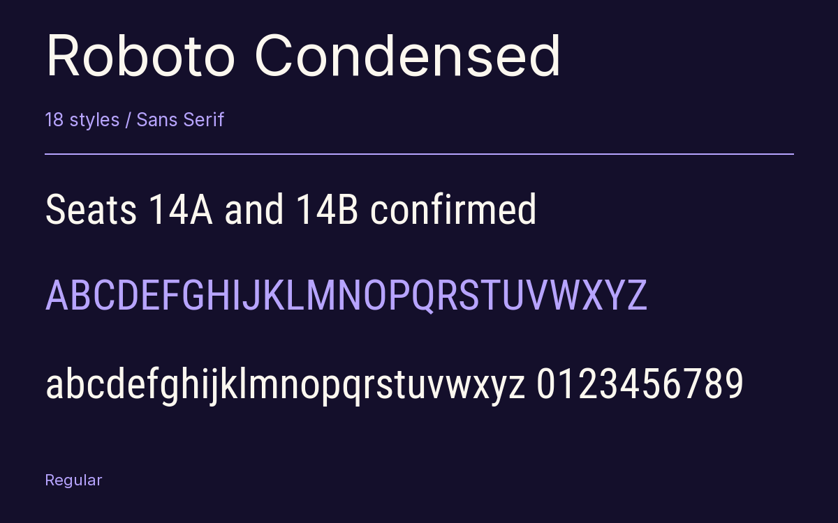 Roboto Condensed type specimen with letters and figures