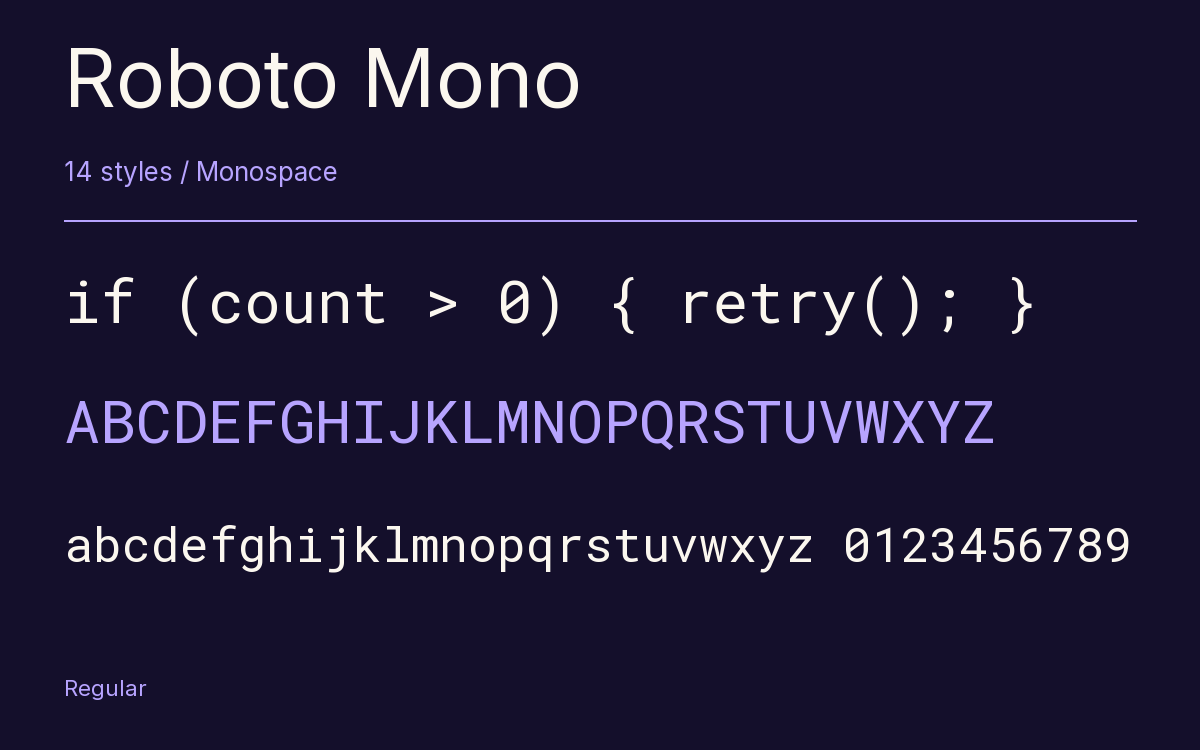 Roboto Mono type specimen with letters and figures