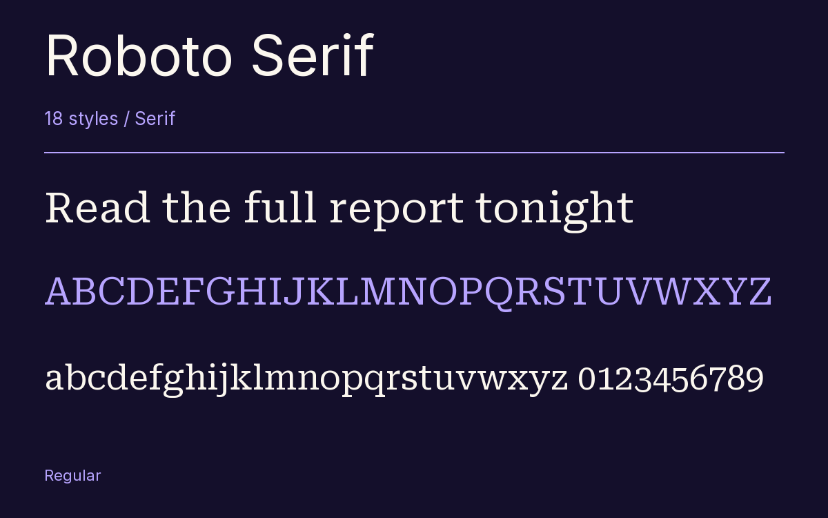 Roboto Serif type specimen with letters and figures
