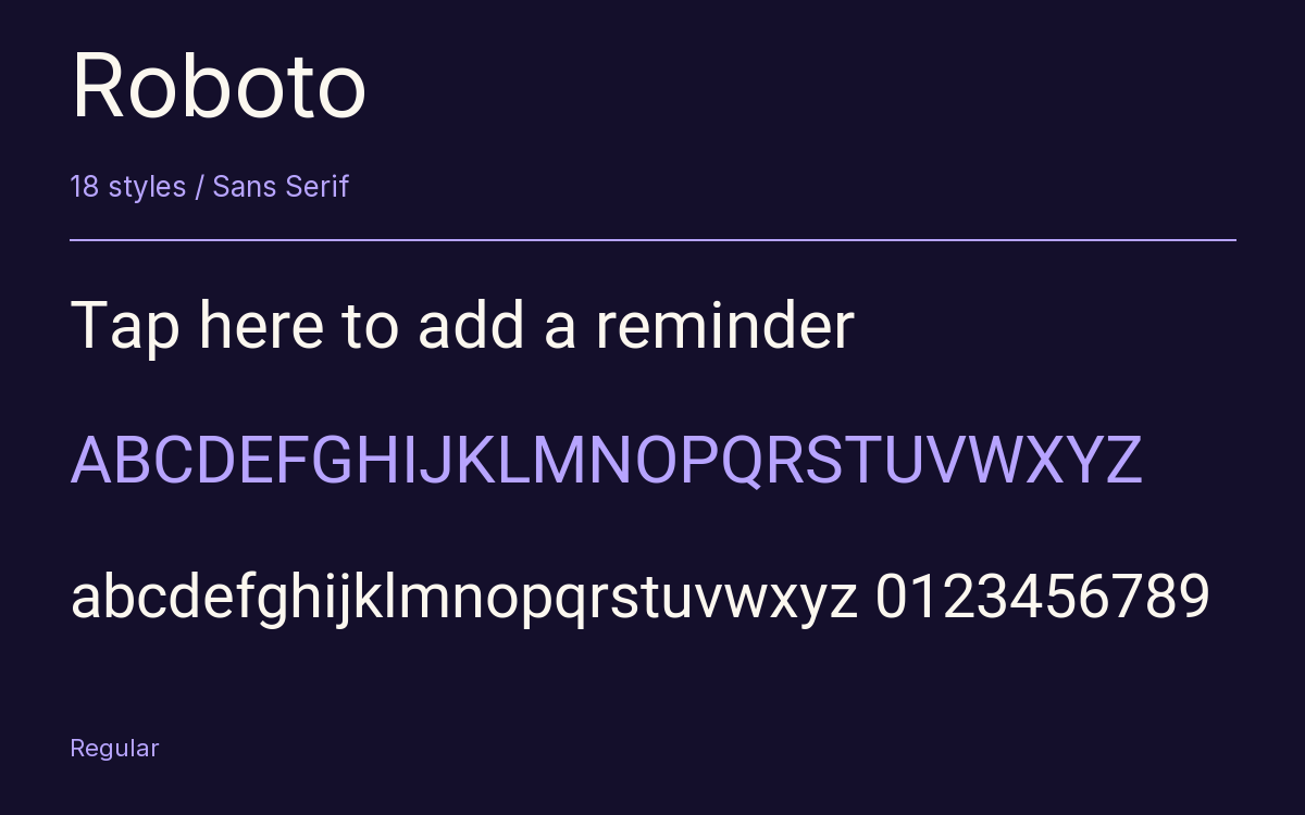 Roboto type specimen with letters and figures