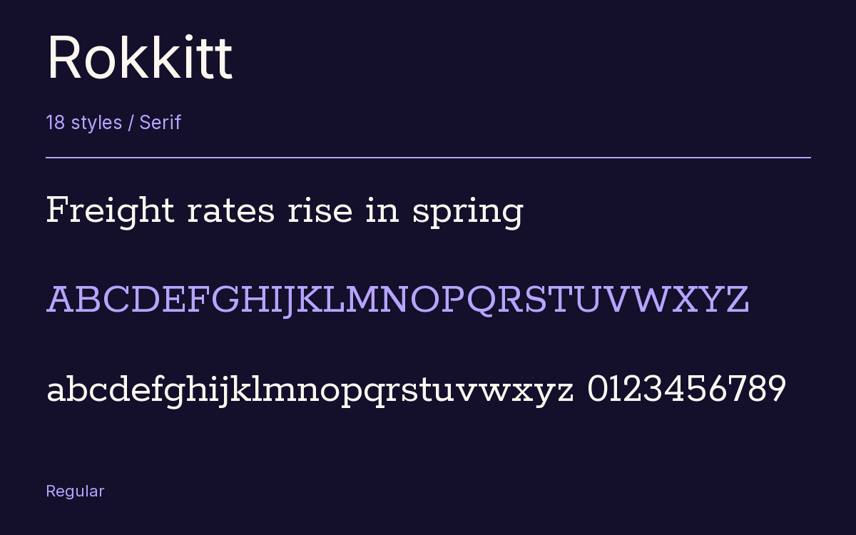 Rokkitt type specimen with letters and figures