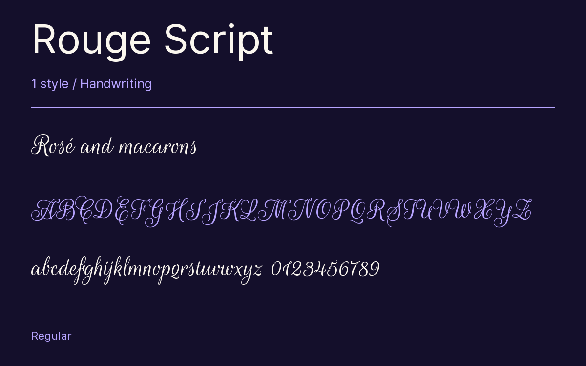 Rouge Script type specimen with letters and figures