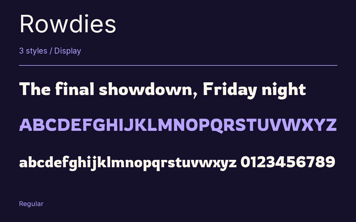 Rowdies type specimen with letters and figures