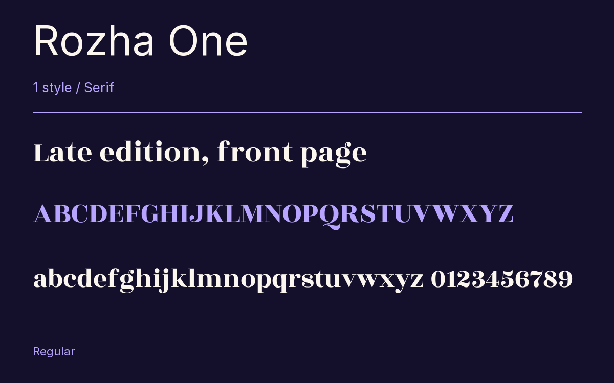Rozha One type specimen with letters and figures