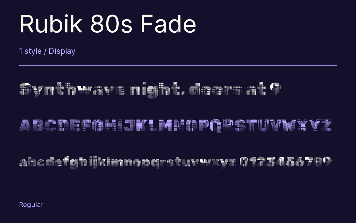 Rubik 80s Fade type specimen with letters and figures