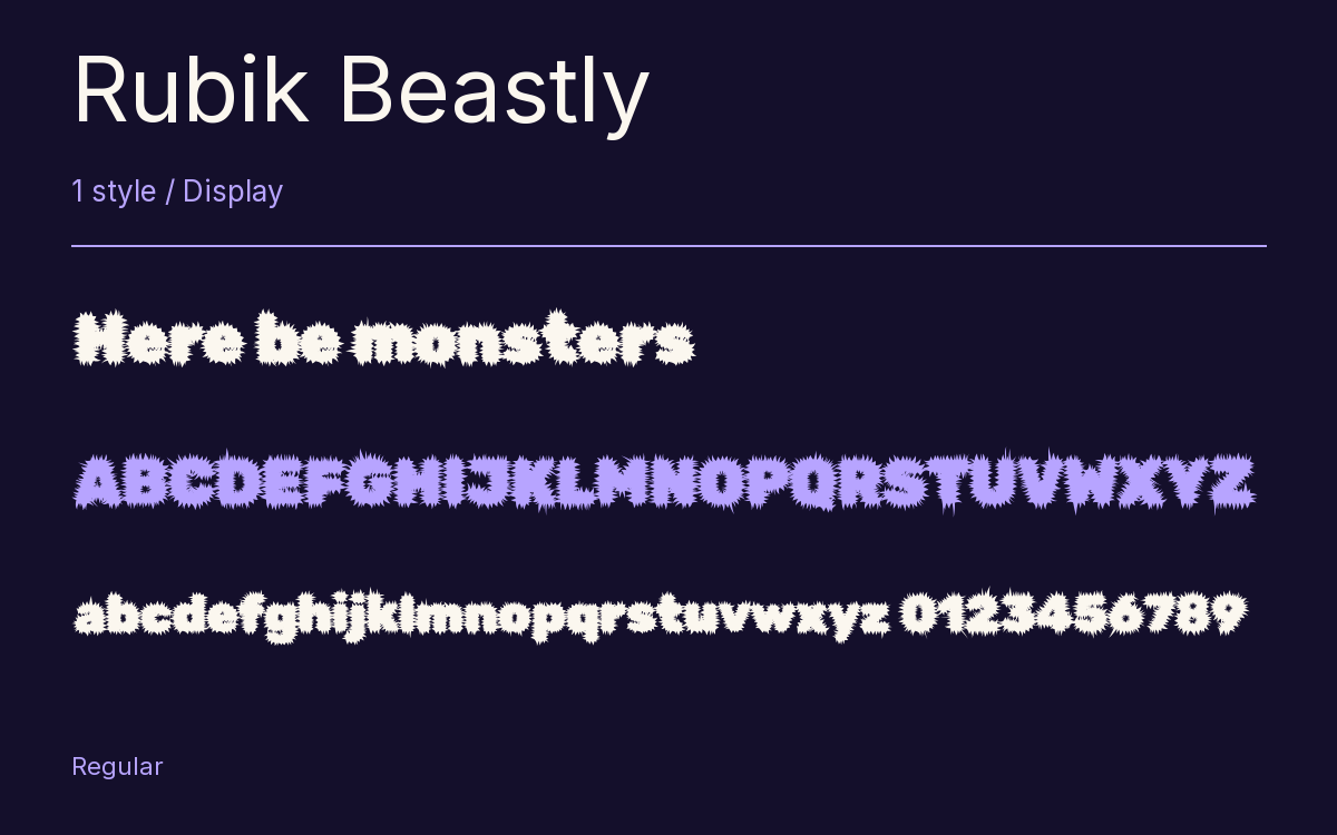 Rubik Beastly type specimen with letters and figures