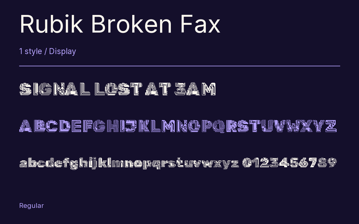 Rubik Broken Fax type specimen with letters and figures