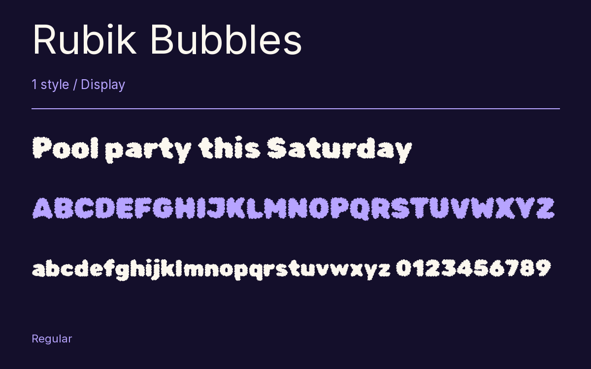 Rubik Bubbles type specimen with letters and figures