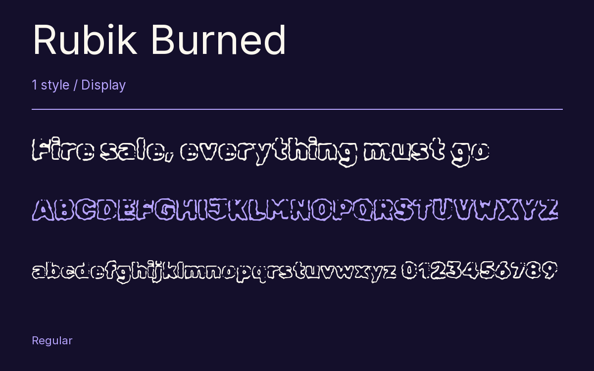 Rubik Burned type specimen with letters and figures