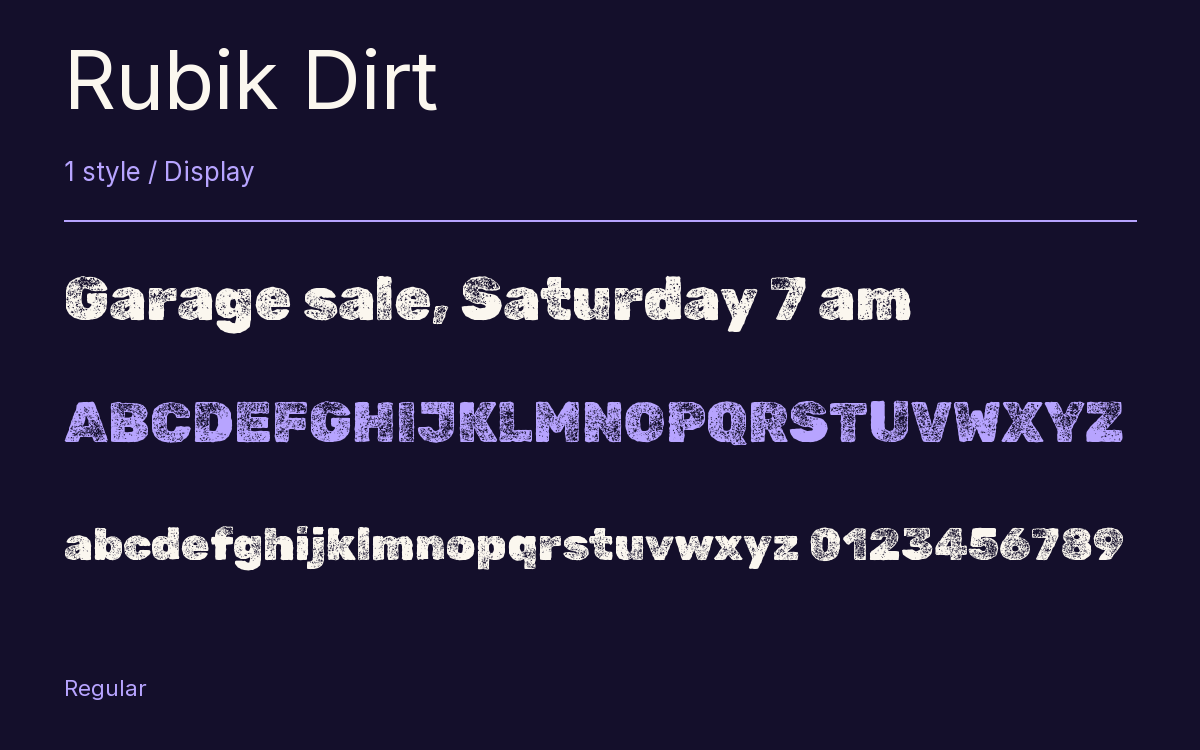 Rubik Dirt type specimen with letters and figures