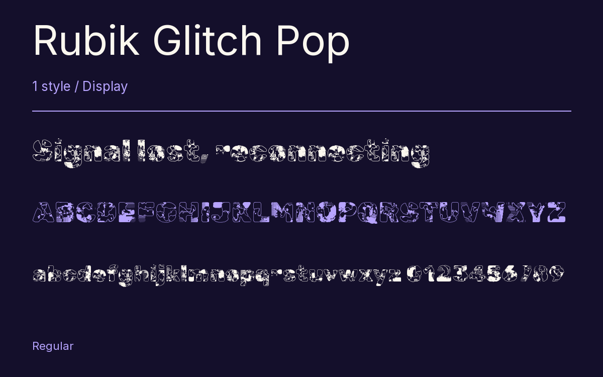 Rubik Glitch Pop type specimen with letters and figures