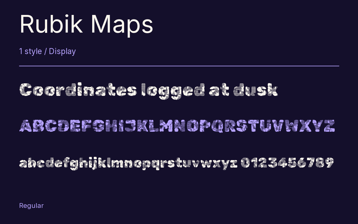 Rubik Maps type specimen with letters and figures