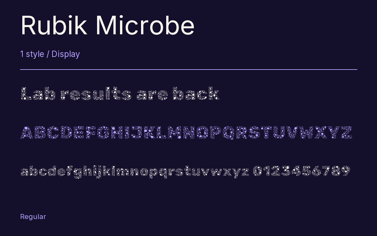 Rubik Microbe type specimen with letters and figures