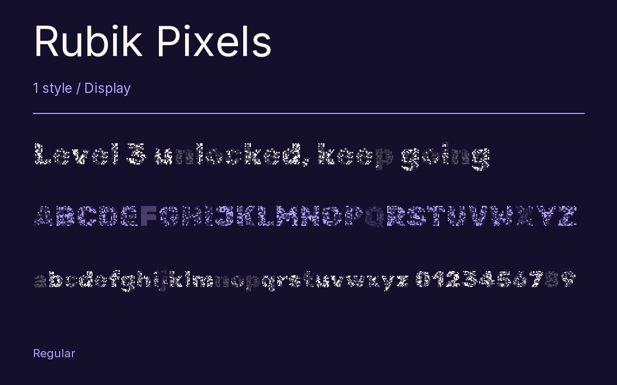 Rubik Pixels type specimen with letters and figures