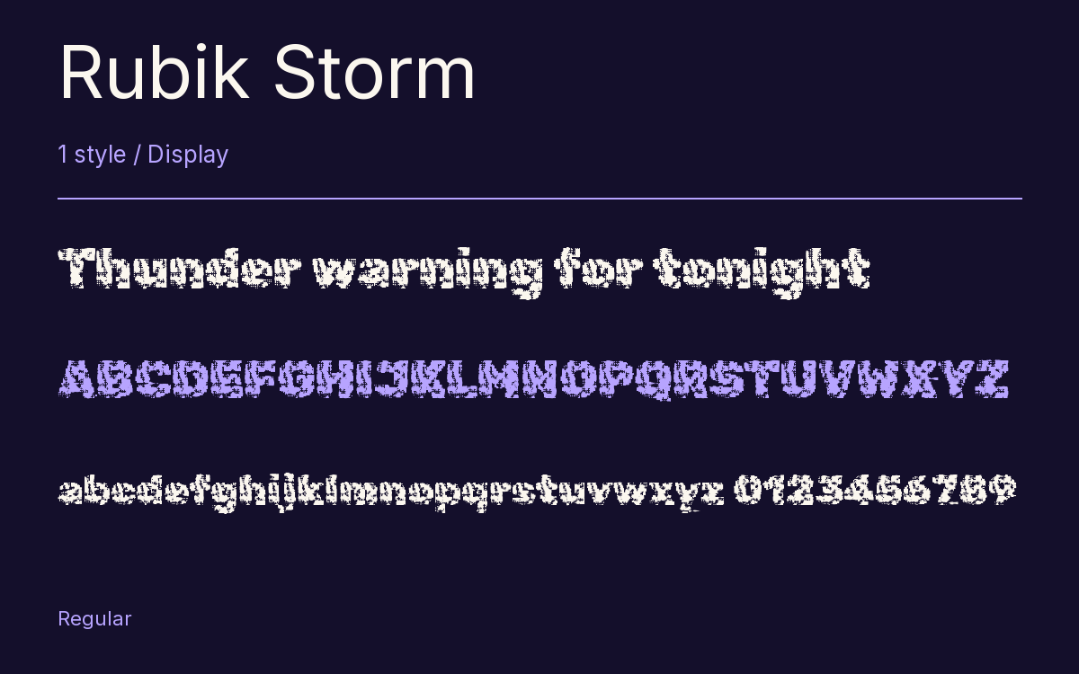 Rubik Storm type specimen with letters and figures