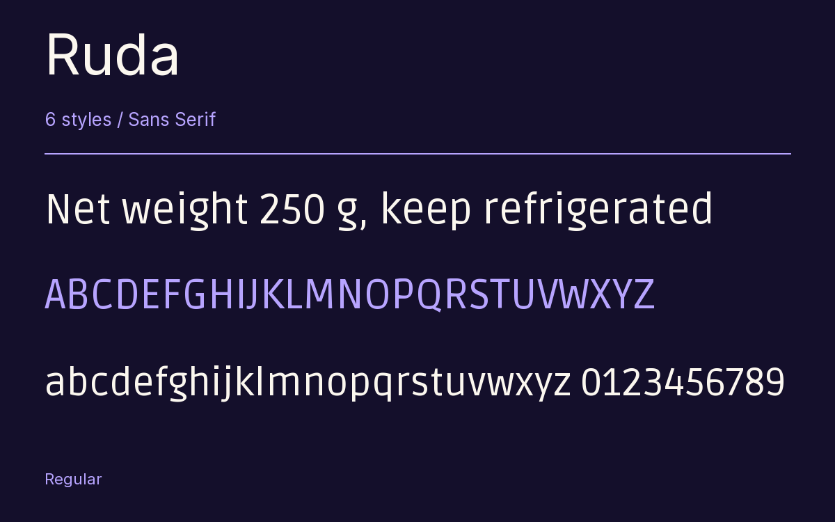 Ruda type specimen with letters and figures