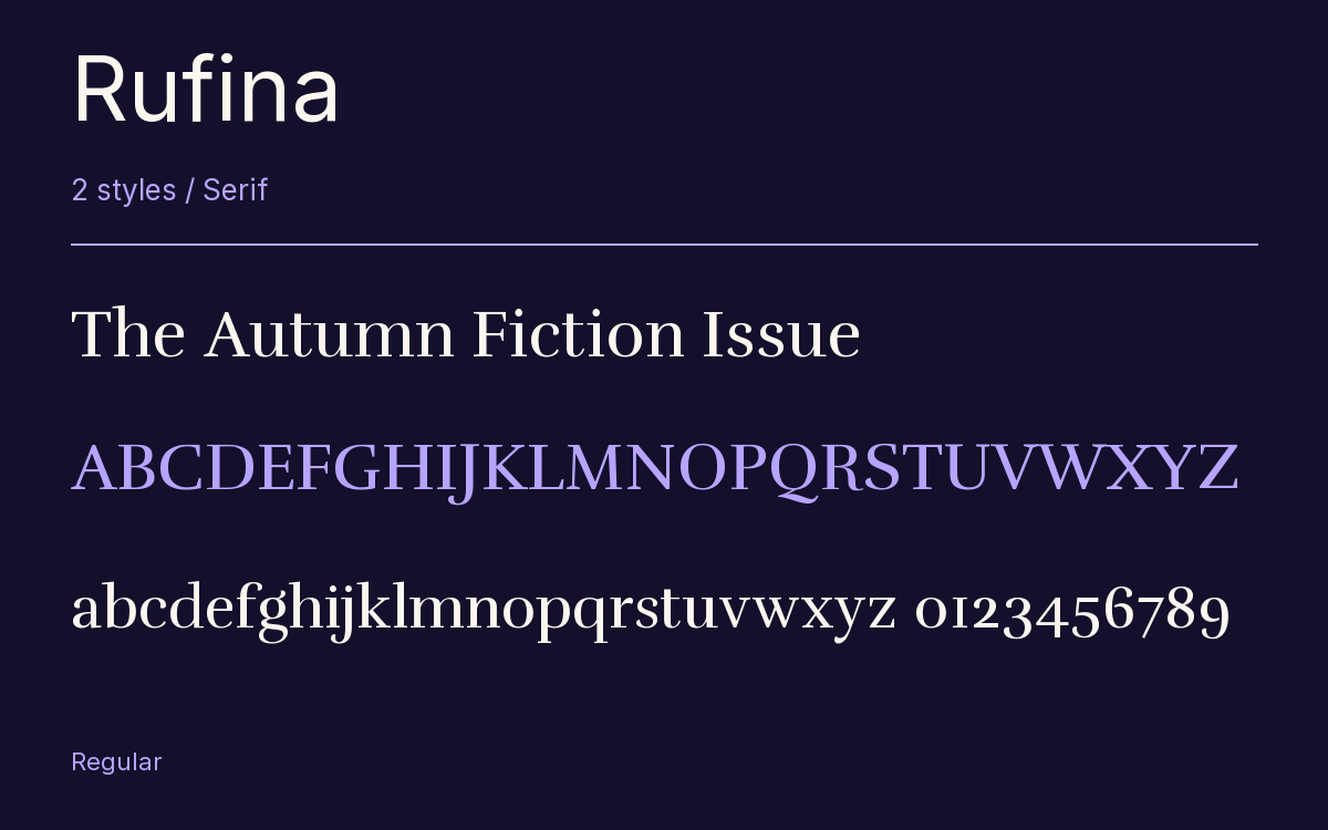 Rufina type specimen with letters and figures