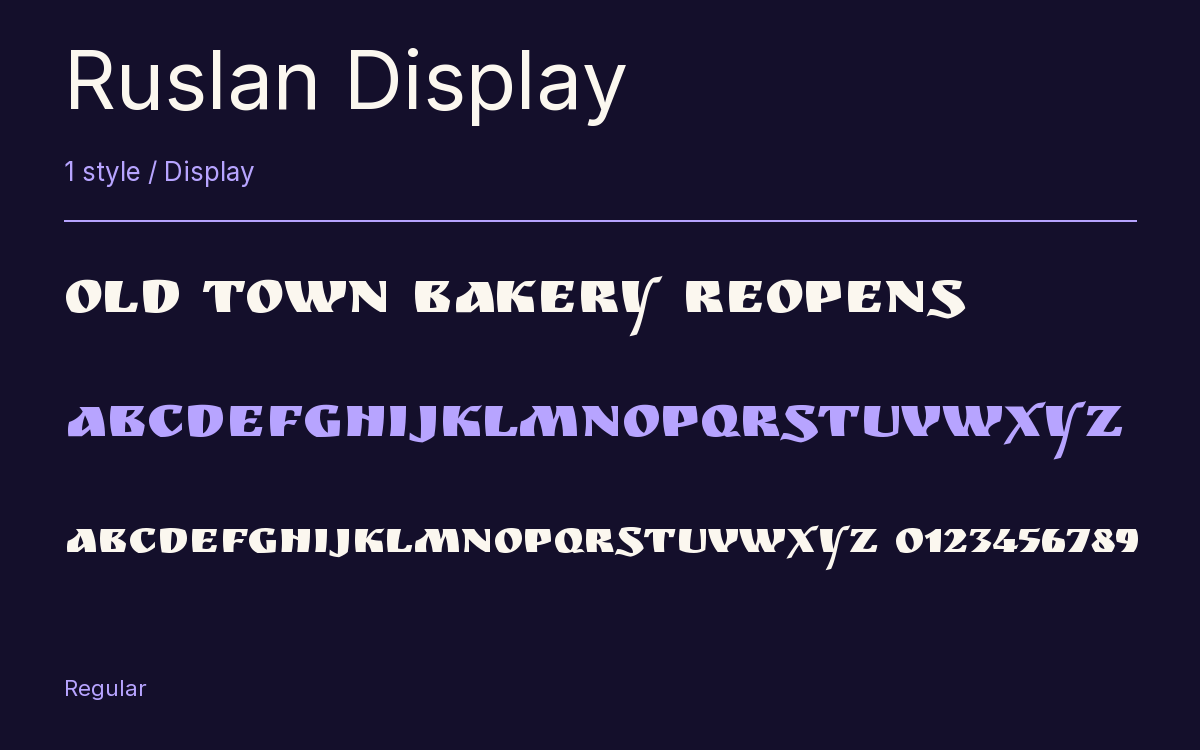 Ruslan Display type specimen with letters and figures