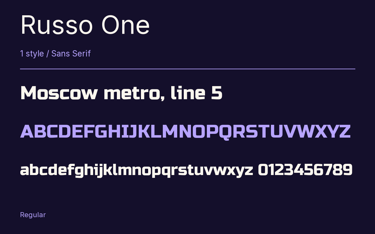 Russo One type specimen with letters and figures