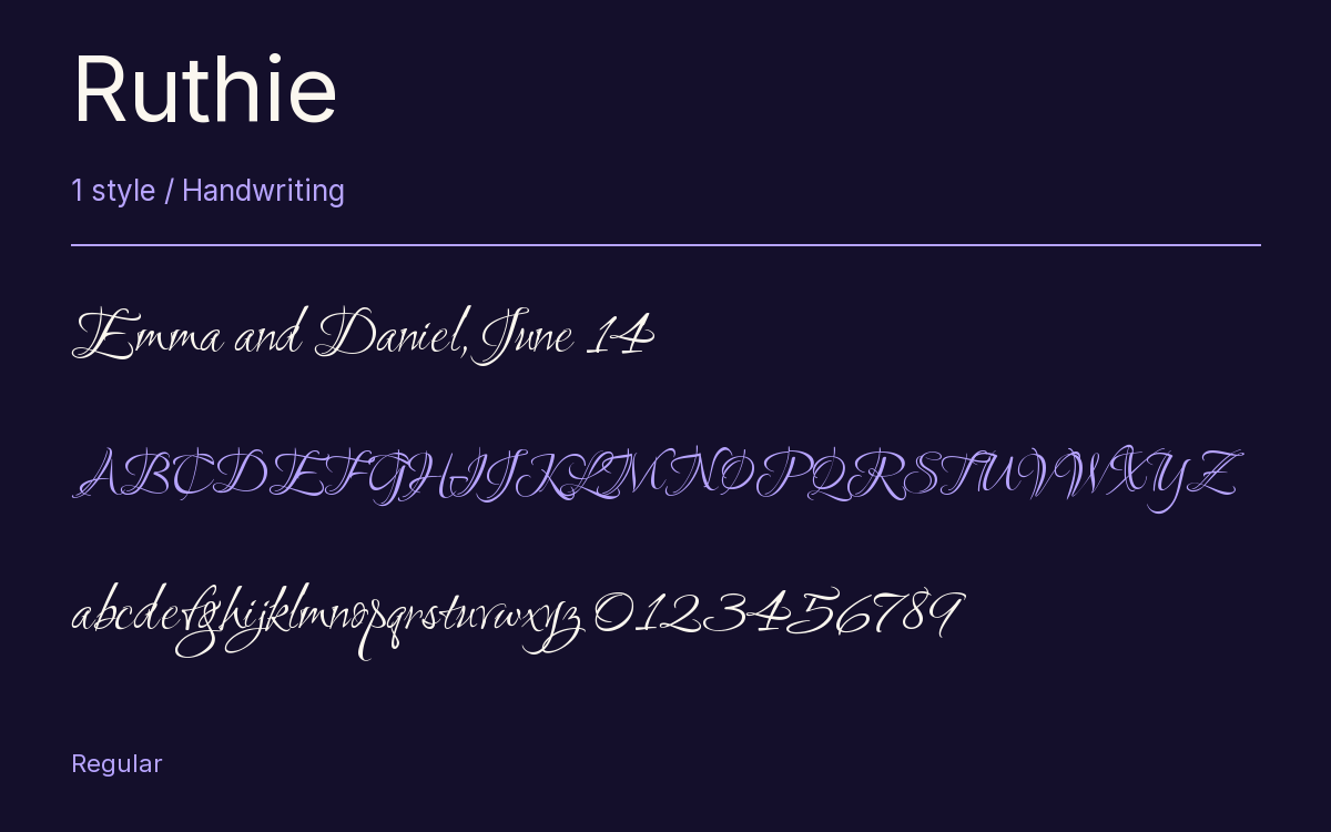 Ruthie type specimen with letters and figures