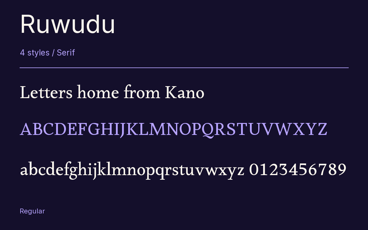 Ruwudu type specimen with letters and figures