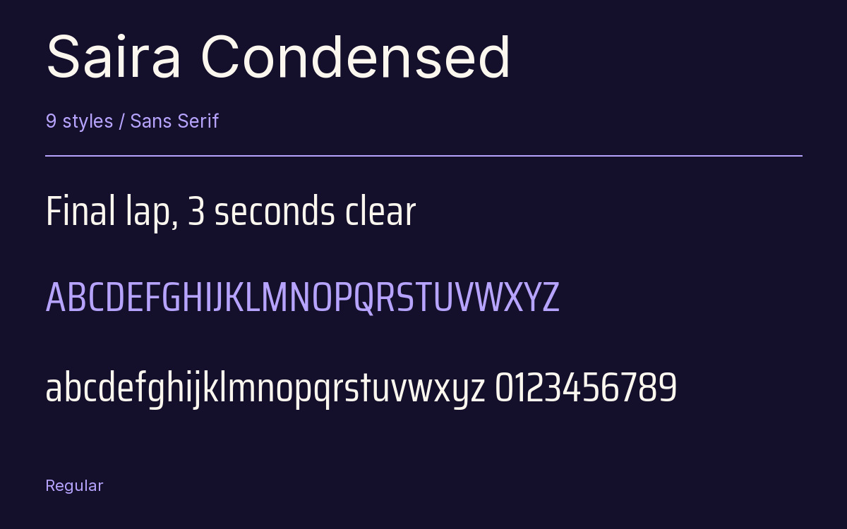 Saira Condensed type specimen with letters and figures