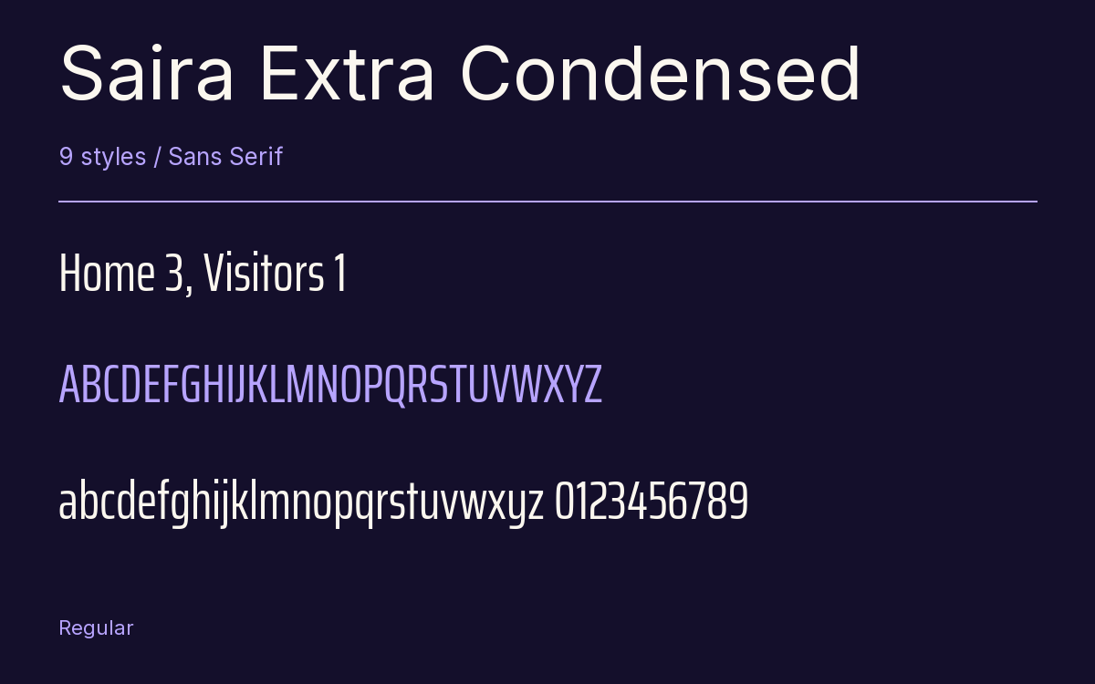 Saira Extra Condensed type specimen with letters and figures