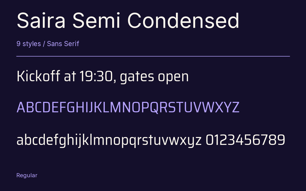Saira Semi Condensed type specimen with letters and figures