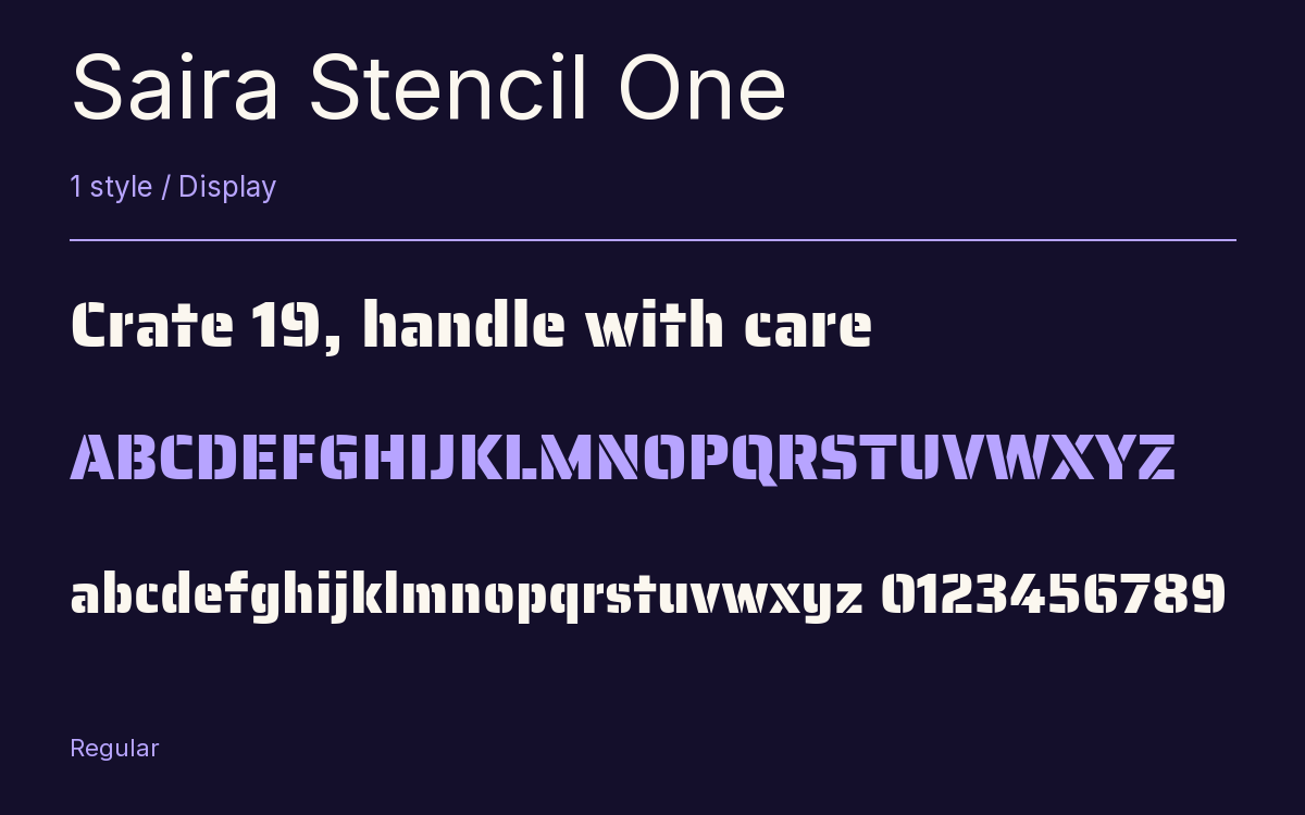 Saira Stencil One type specimen with letters and figures