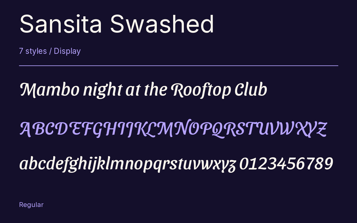 Sansita Swashed type specimen with letters and figures