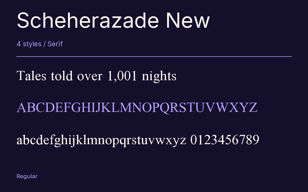 Scheherazade New type specimen with letters and figures