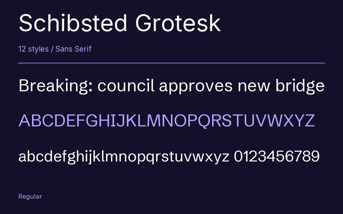 Schibsted Grotesk type specimen with letters and figures