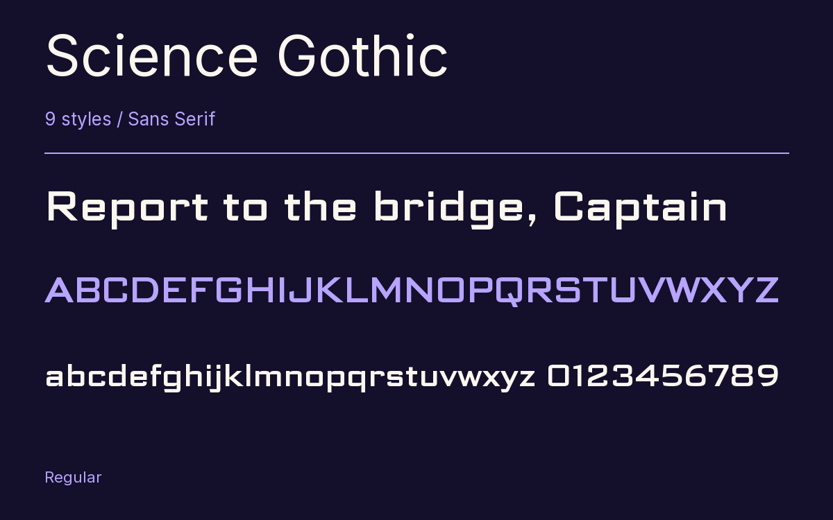 Science Gothic type specimen with letters and figures