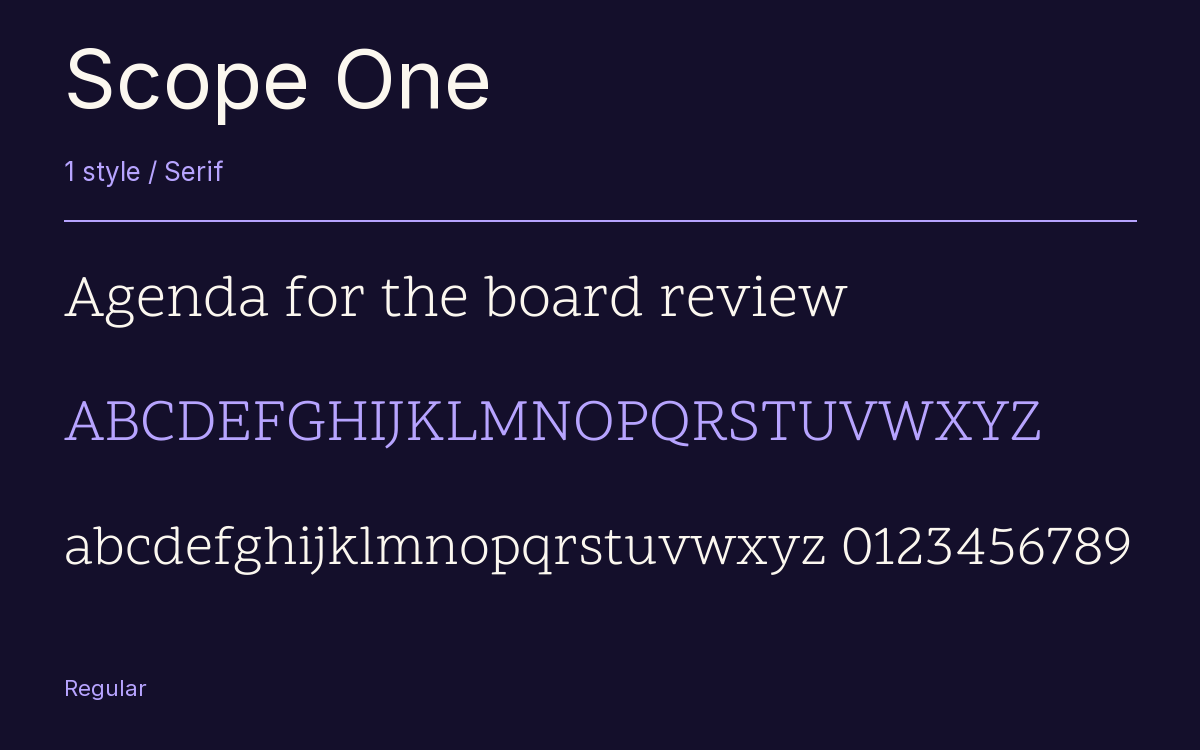 Scope One type specimen with letters and figures