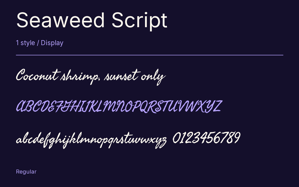 Seaweed Script type specimen with letters and figures
