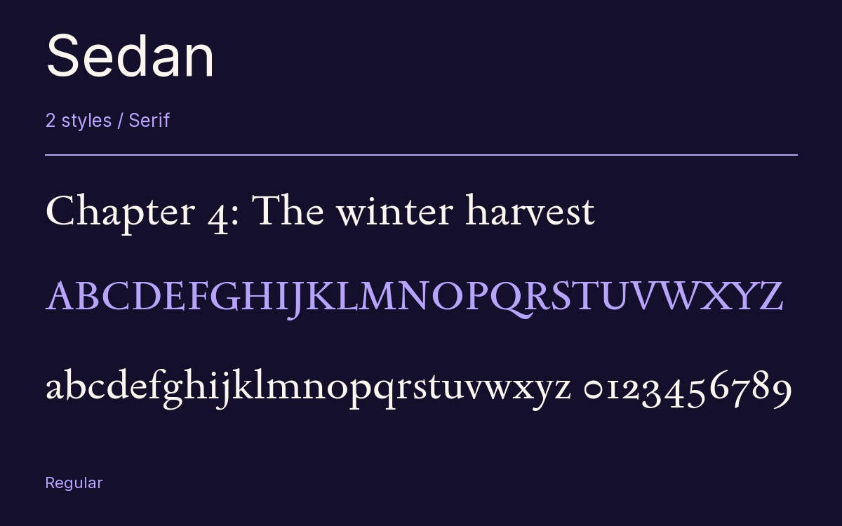 Sedan type specimen with letters and figures