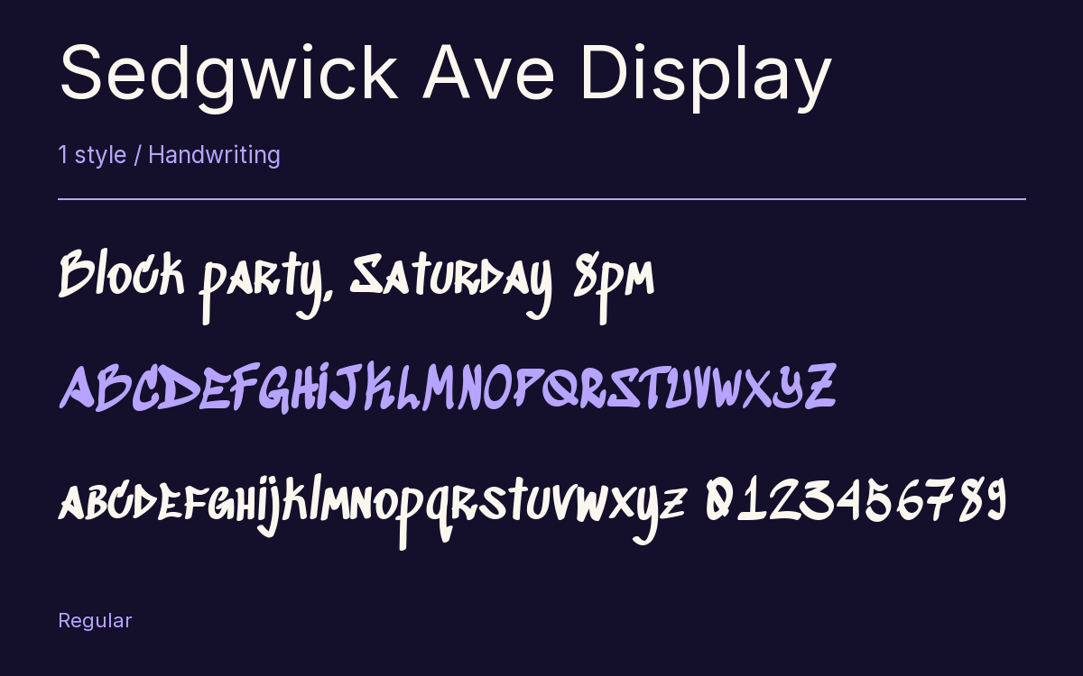 Sedgwick Ave Display type specimen with letters and figures
