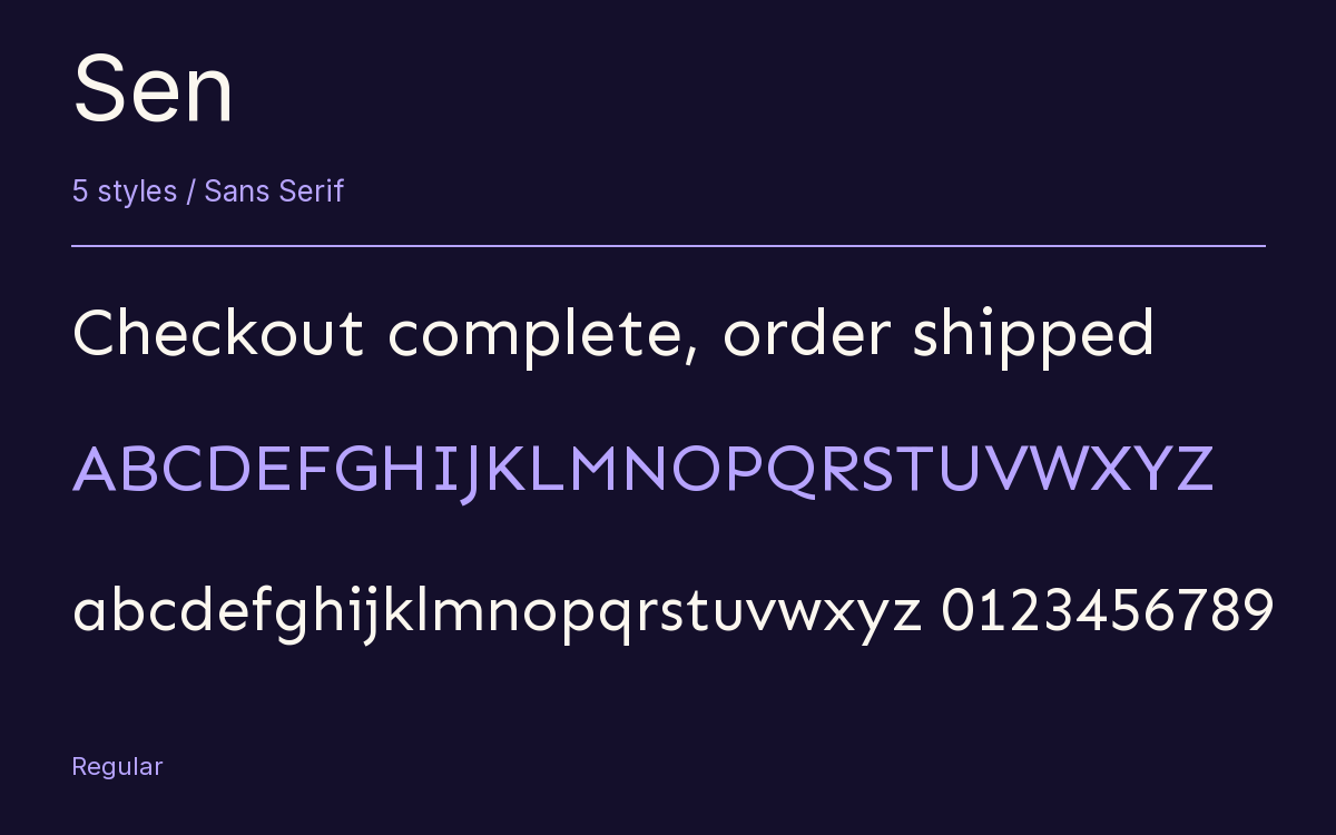 Sen type specimen with letters and figures