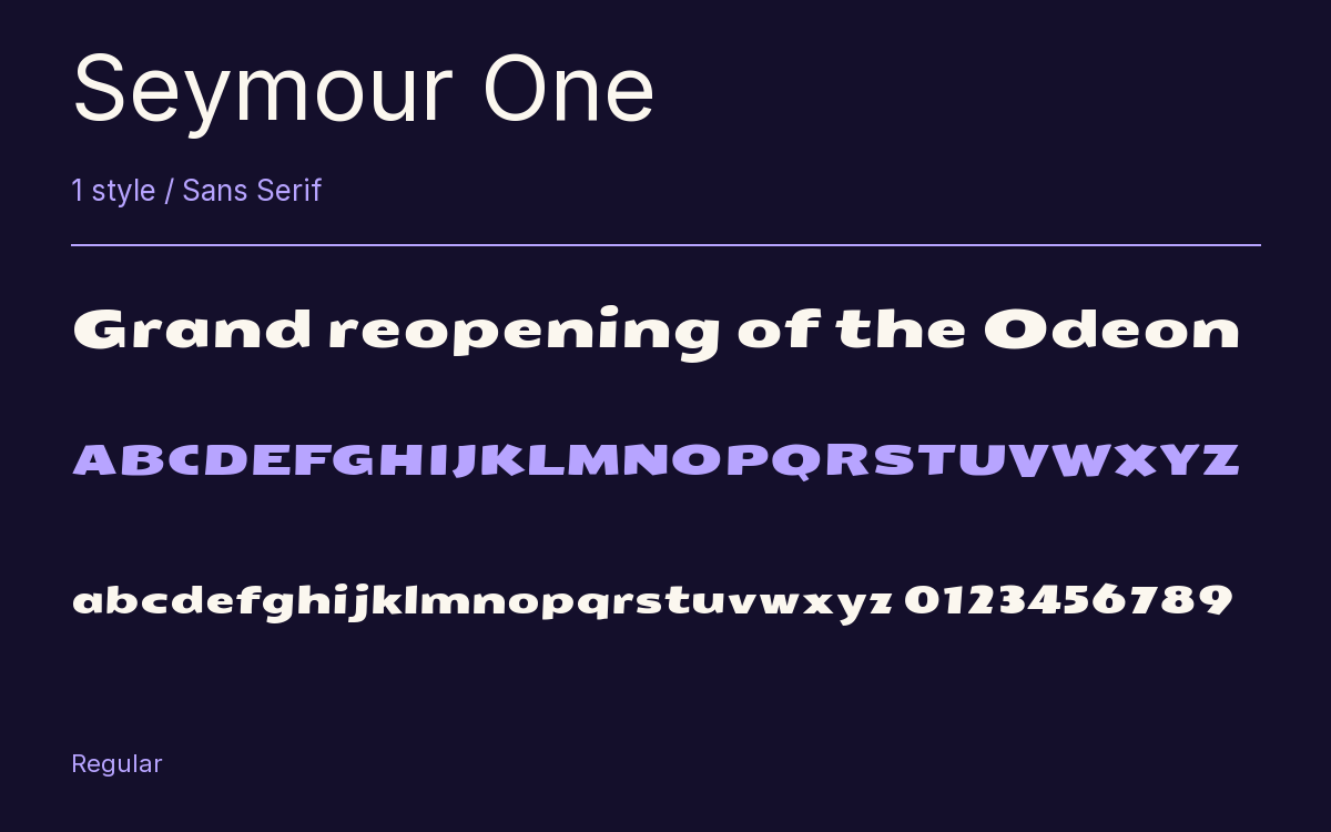Seymour One type specimen with letters and figures