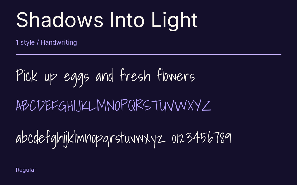 Shadows Into Light type specimen with letters and figures