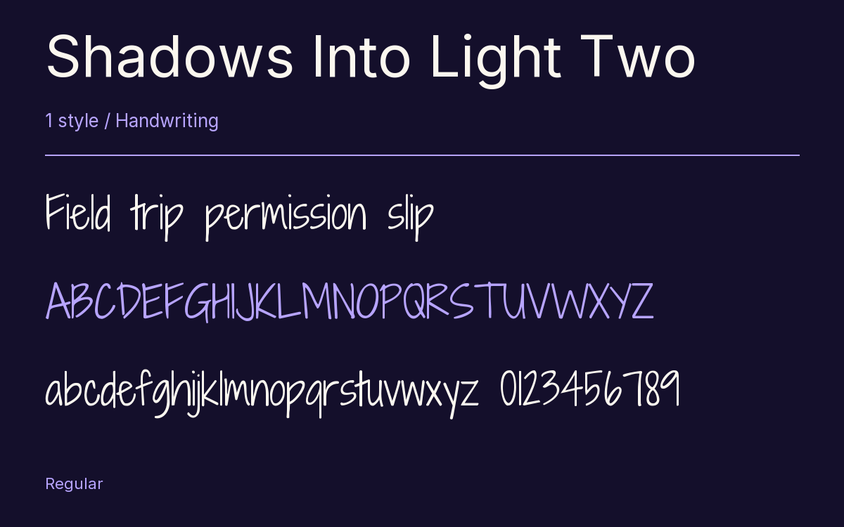 Shadows Into Light Two type specimen with letters and figures