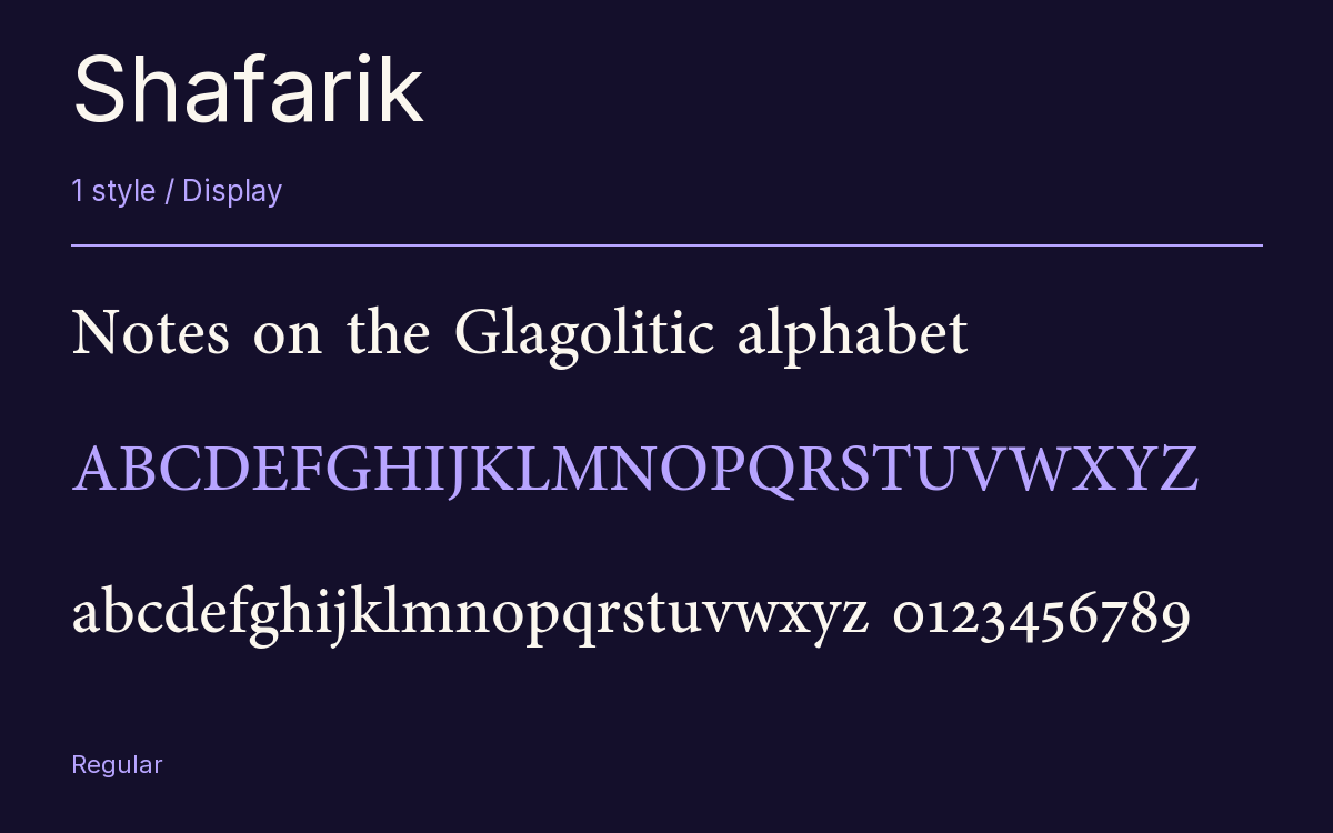 Shafarik type specimen with letters and figures