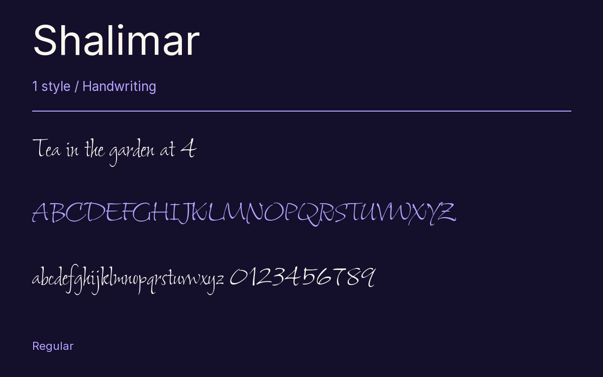 Shalimar type specimen with letters and figures