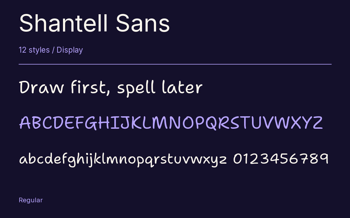 Shantell Sans type specimen with letters and figures