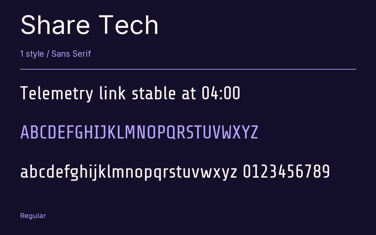 Share Tech type specimen with letters and figures