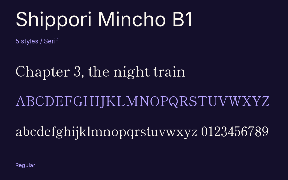 Shippori Mincho B1 type specimen with letters and figures