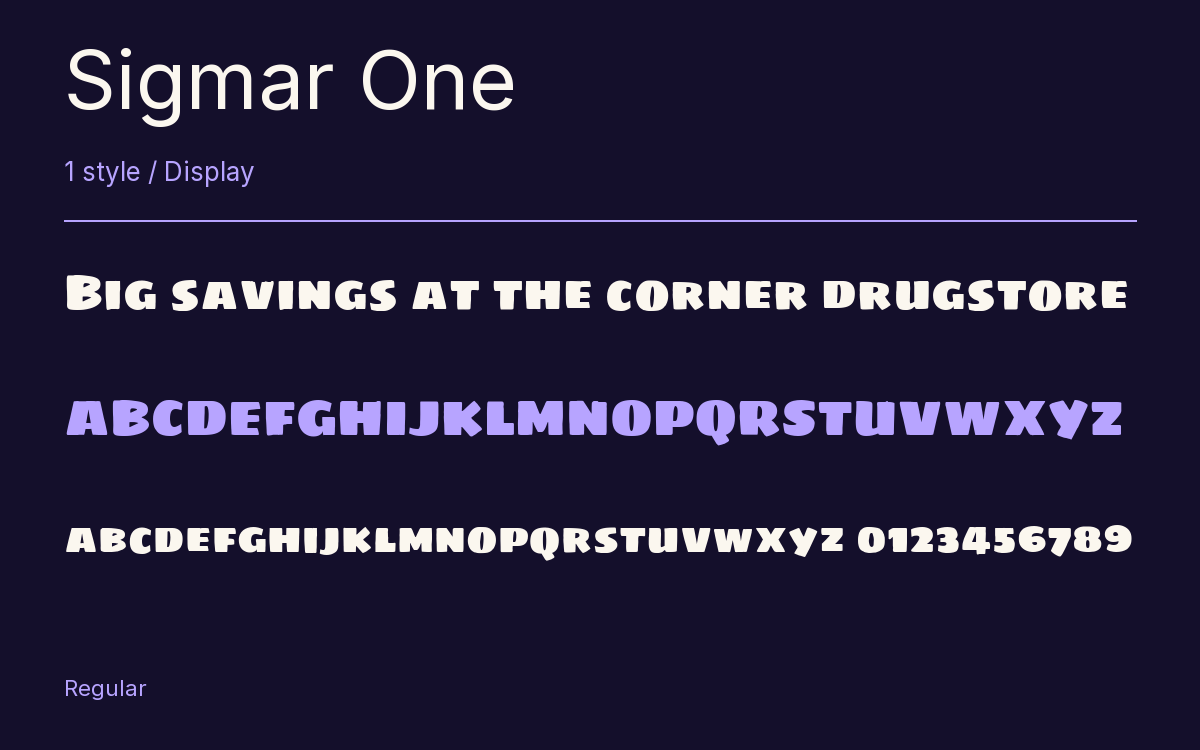 Sigmar One type specimen with letters and figures