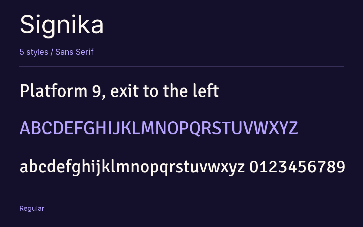 Signika type specimen with letters and figures