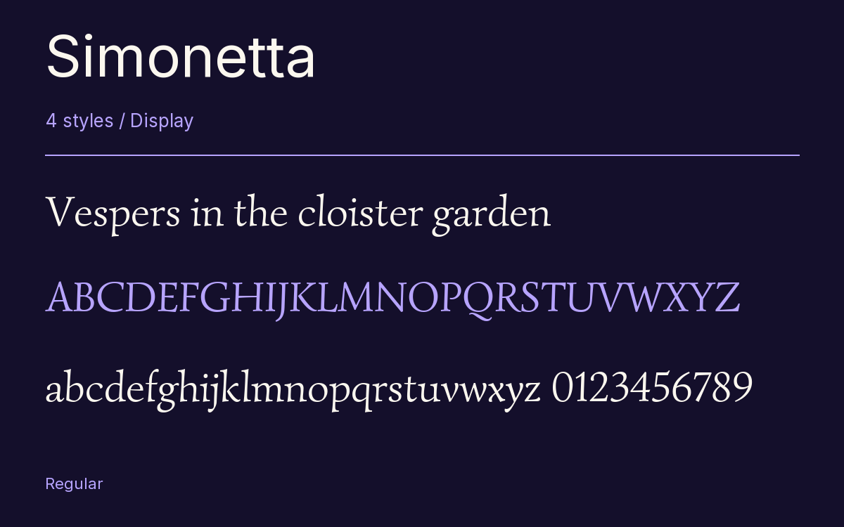 Simonetta type specimen with letters and figures